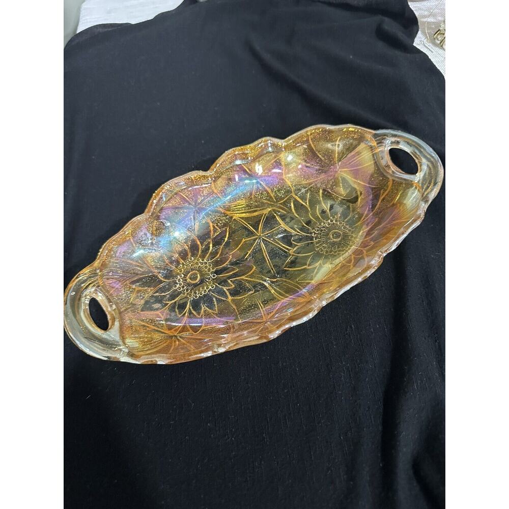 Vintage Amber Carnival Indiana Glass Iridescent Daisy Sunflower Oval Dish